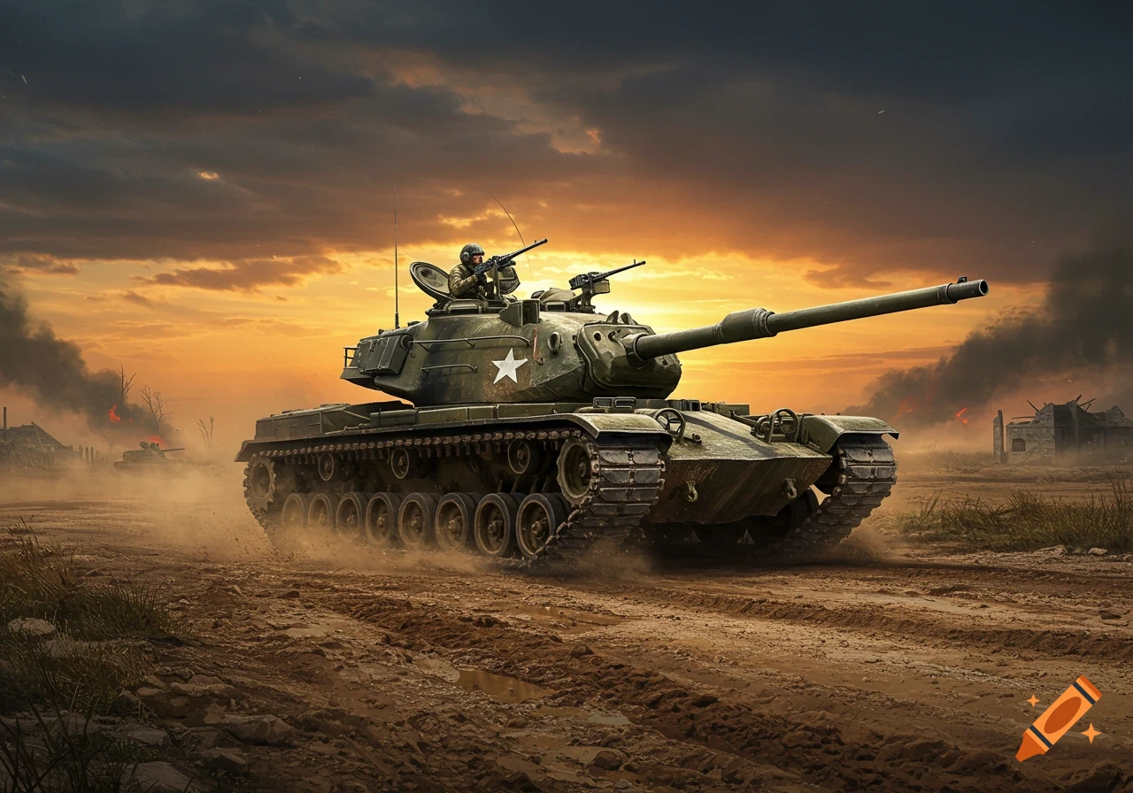 A military tank drives on a dirt road at sunset with a soldier.