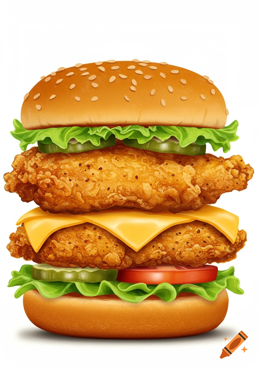 A tall, stacked chicken burger with lettuce, pickles, and cheese, rendered in a detailed, vibrant style.
