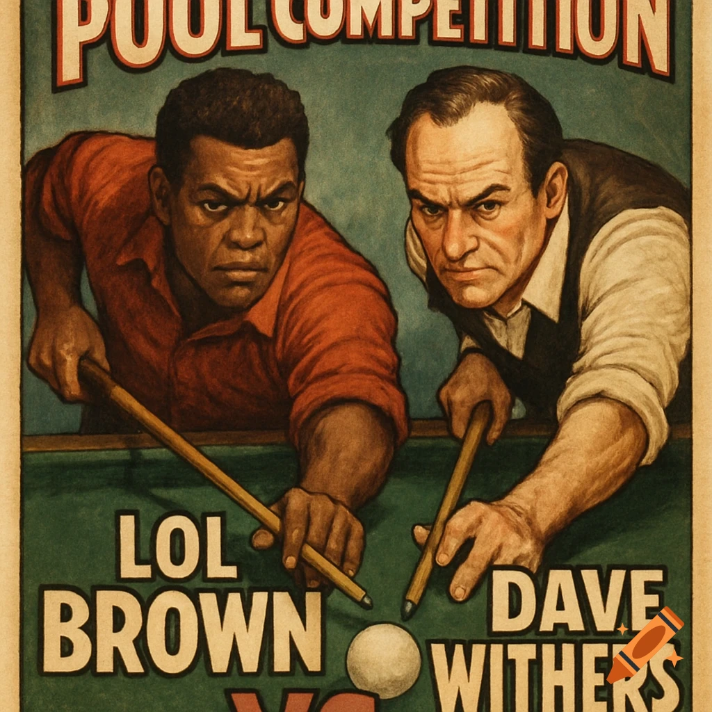 Retro poster for a Lol Brown vs Dave Withers pool competition showing two men aiming cue sticks at a ball.