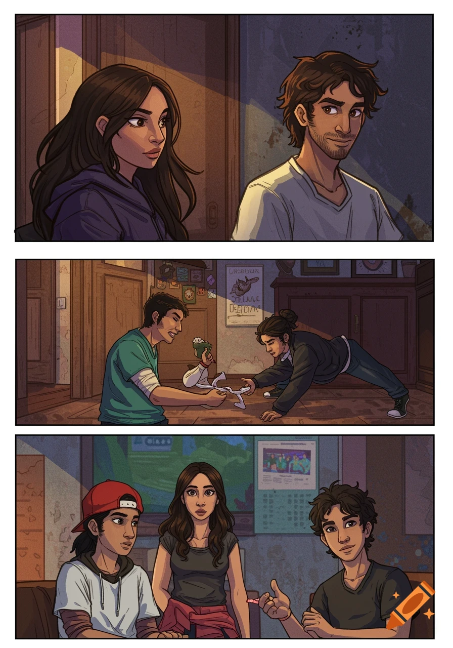 Comic panels show young people talking and breakdancing indoors.