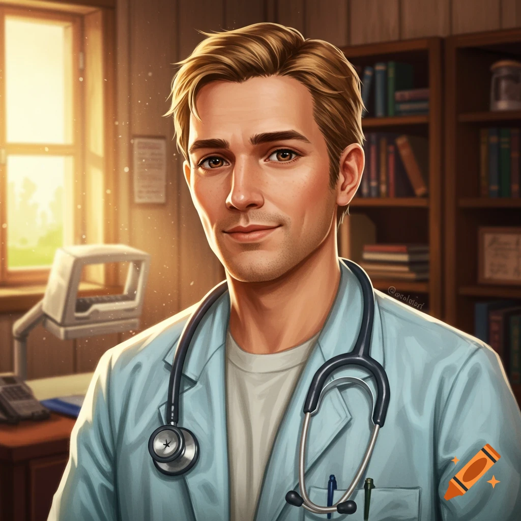 Portrait of a smiling man in a doctor's coat with a stethoscope in an office.