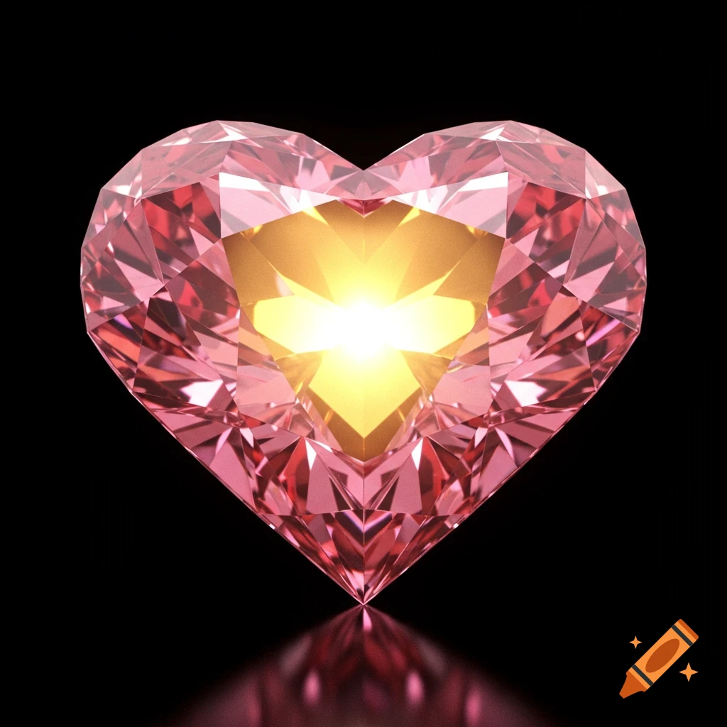 Pink heart-shaped diamond with a glowing golden core on a black background.