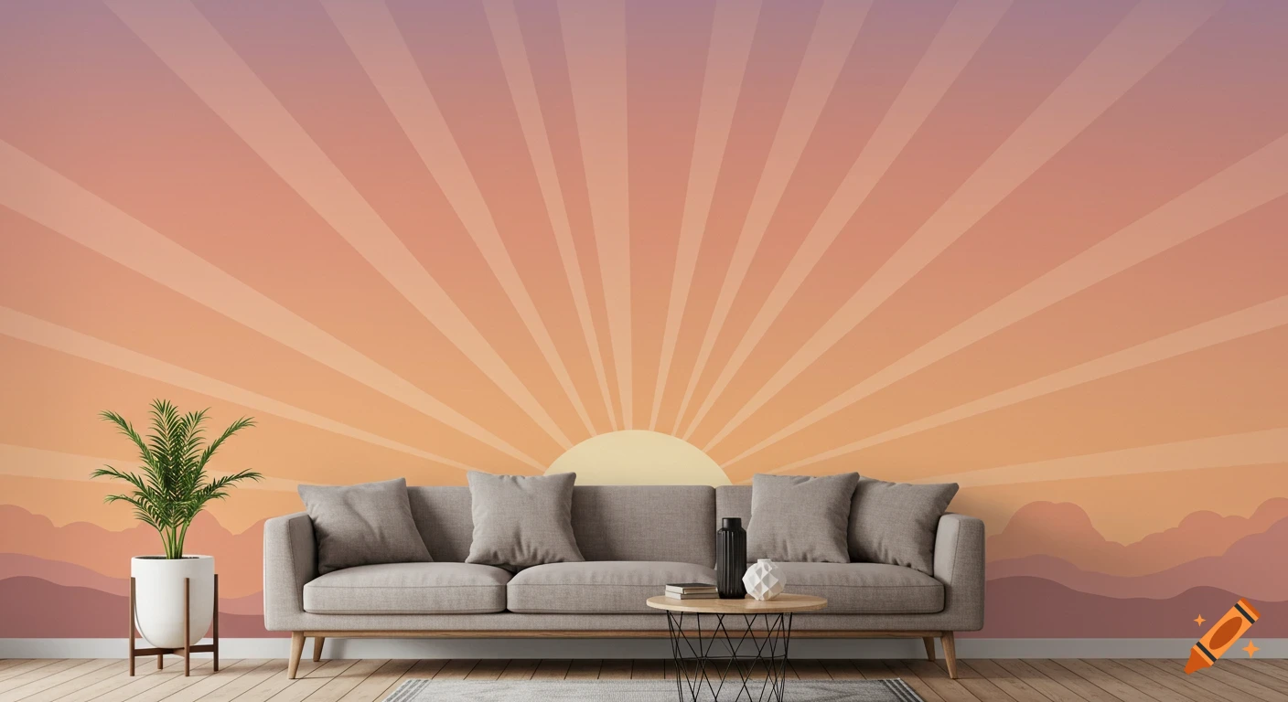 A modern minimalist living room with a grey couch and plant in front of a large wall mural of a stylized orange and purple sunset with rays and mountains.