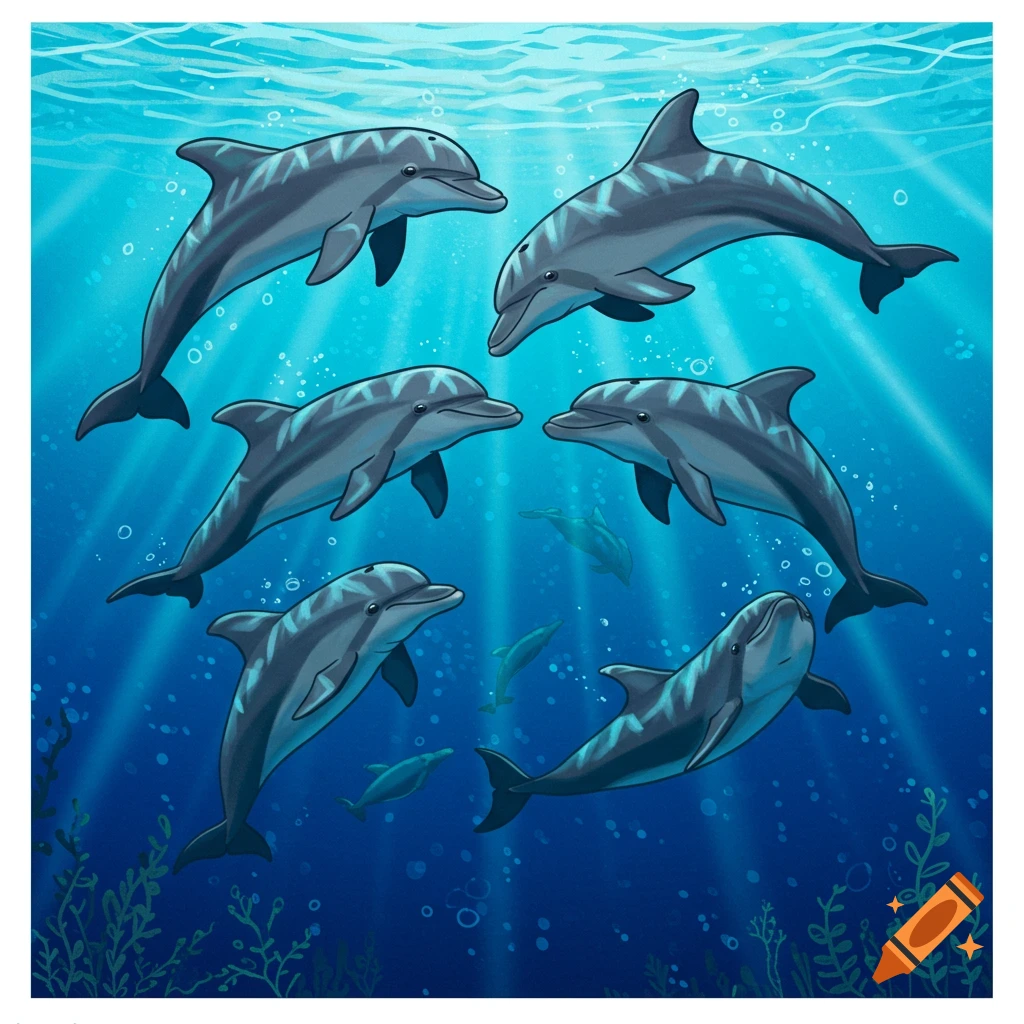 Several dolphins swim in deep blue water with light rays from above in an illustration.