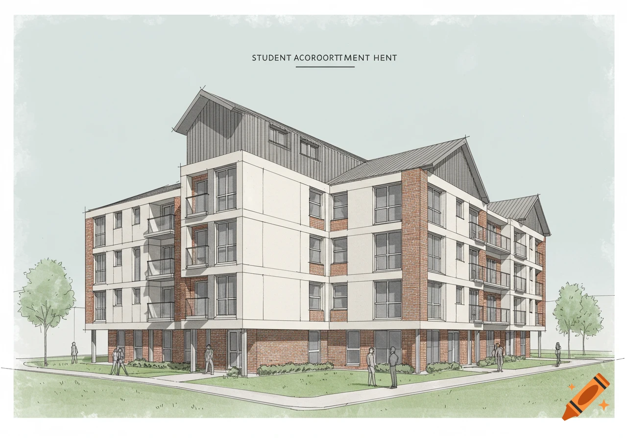 Sketch of a student accommodation building in perspective.