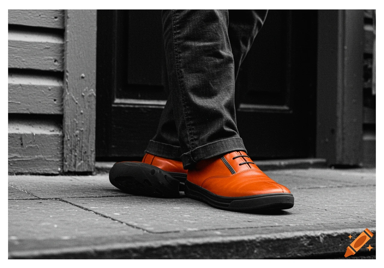 Close-up of feet and legs wearing orange shoes and dark jeans against a black and white background.