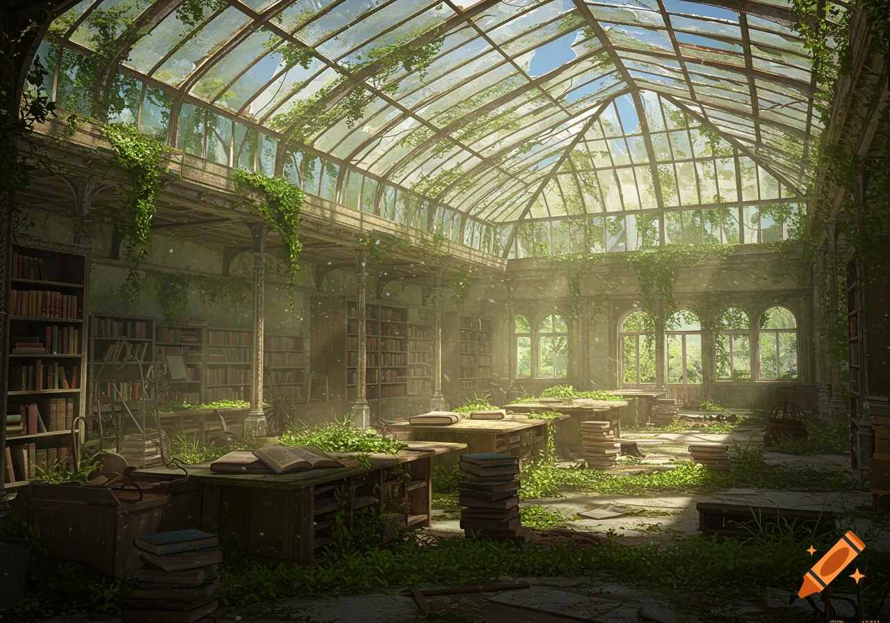 Abandoned library inside a large greenhouse overgrown with plants and ivy.