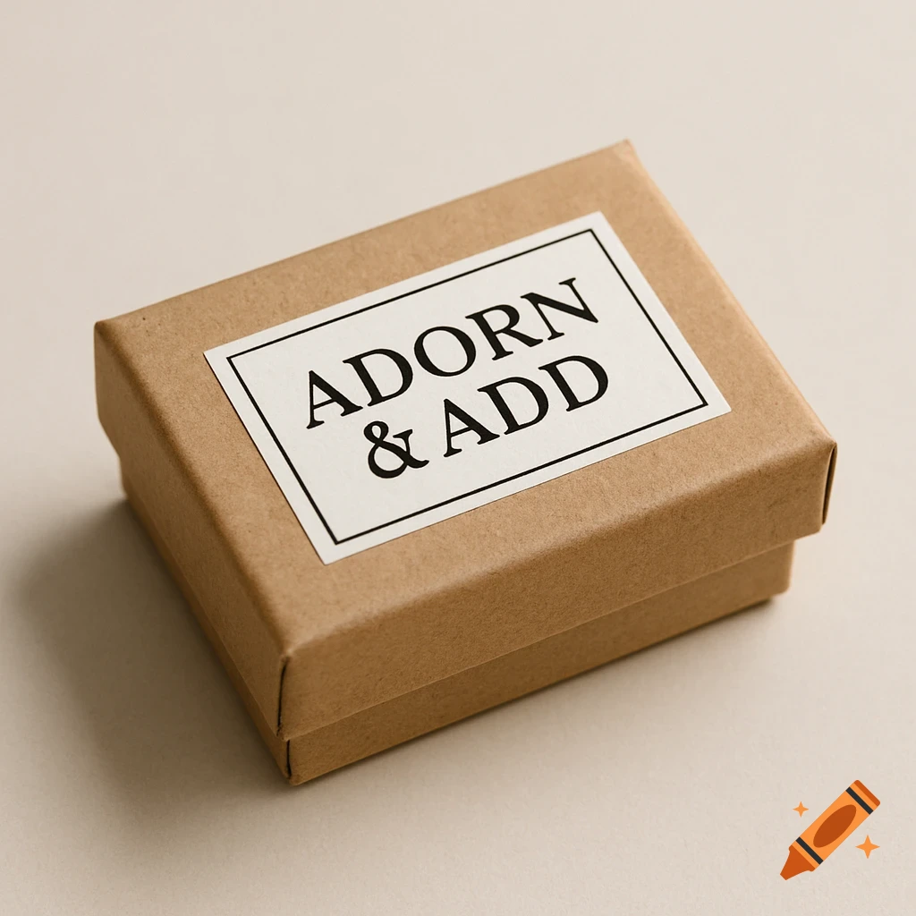A brown cardboard gift box with a white label saying "ADORN & ADD".