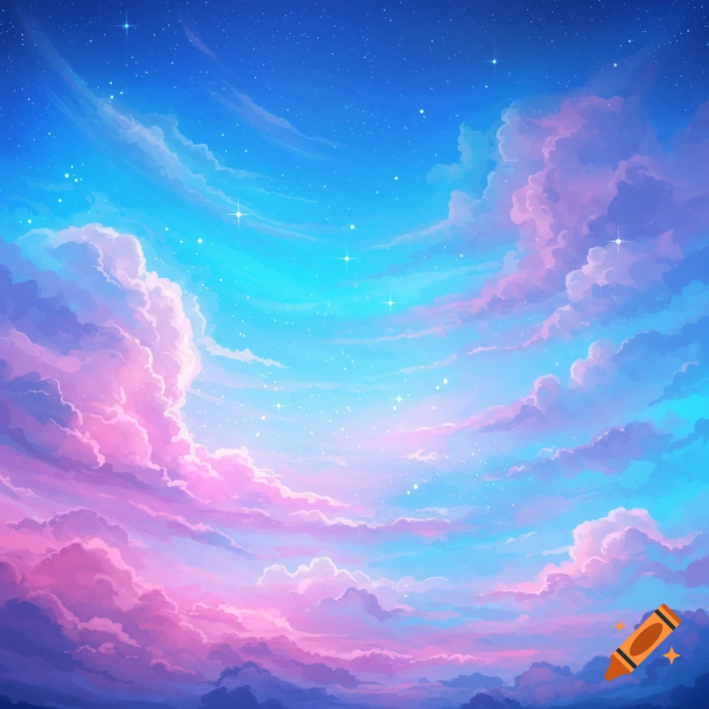 Stylized fantasy sky background with bright blue, pink, and purple clouds and scattered stars.