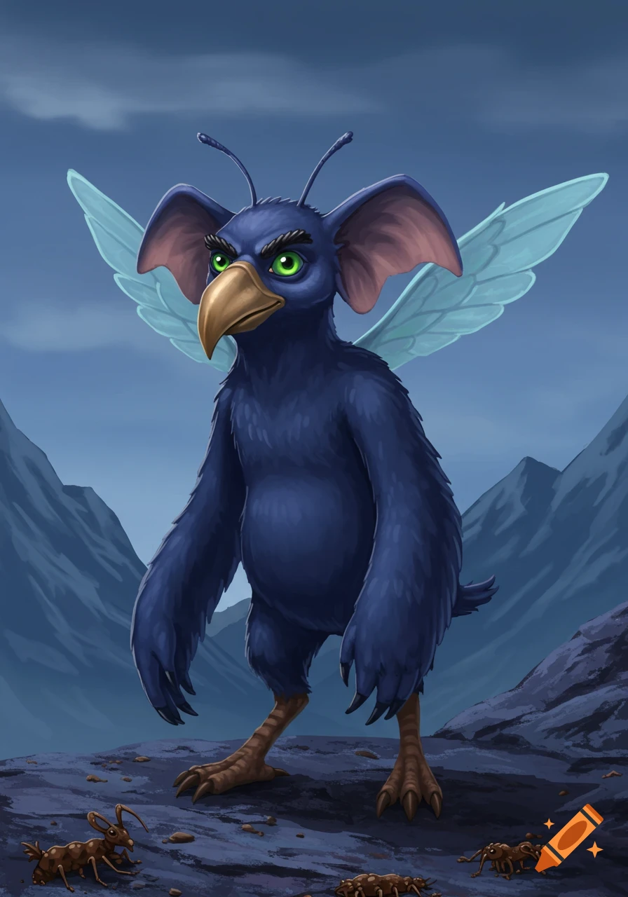 A dark blue bird-like creature with insect antennae, large ears, and ...