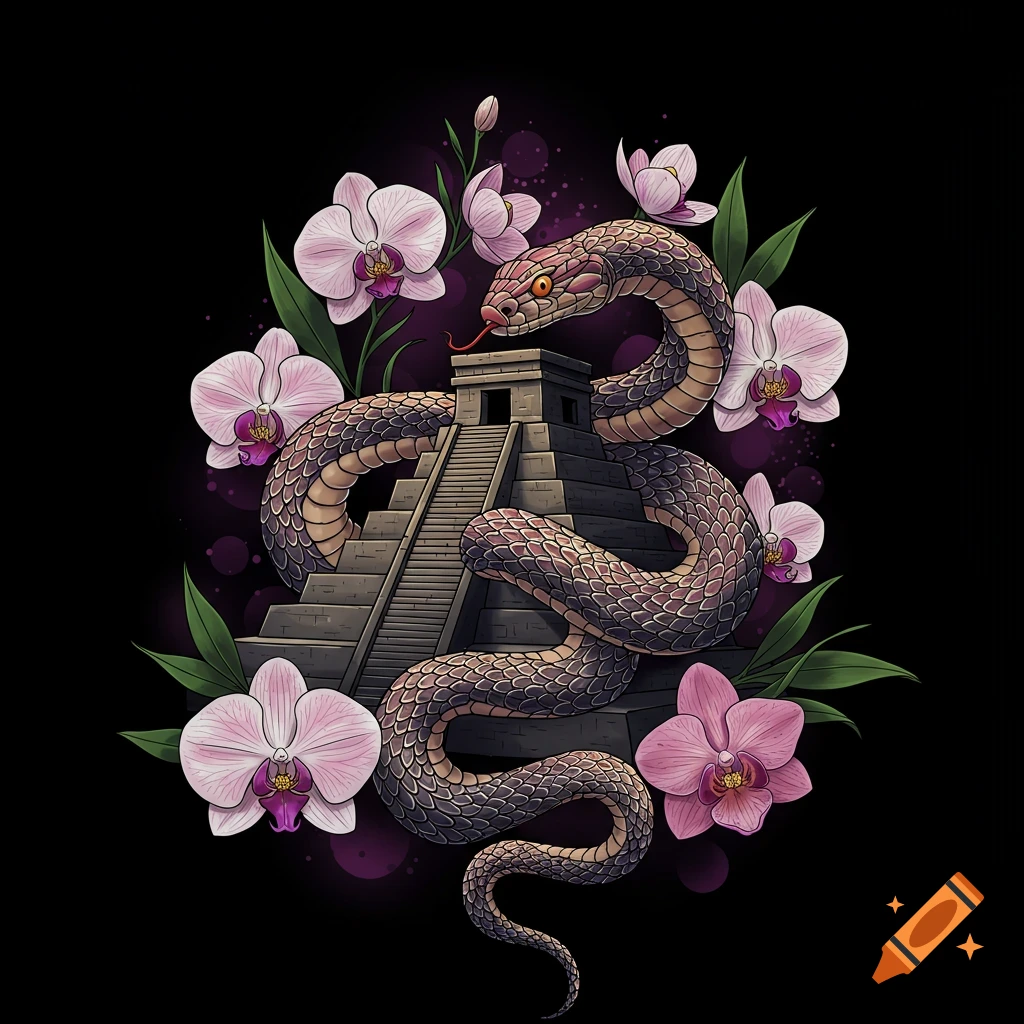 An illustration of a snake wrapped around an Aztec pyramid surrounded by pink orchids on a black background.