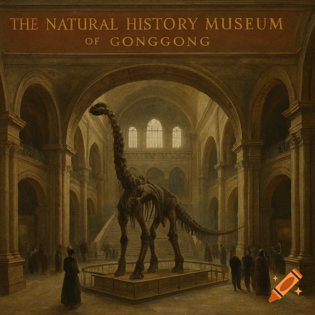 A large dinosaur skeleton stands in a vast museum hall with visitors.
