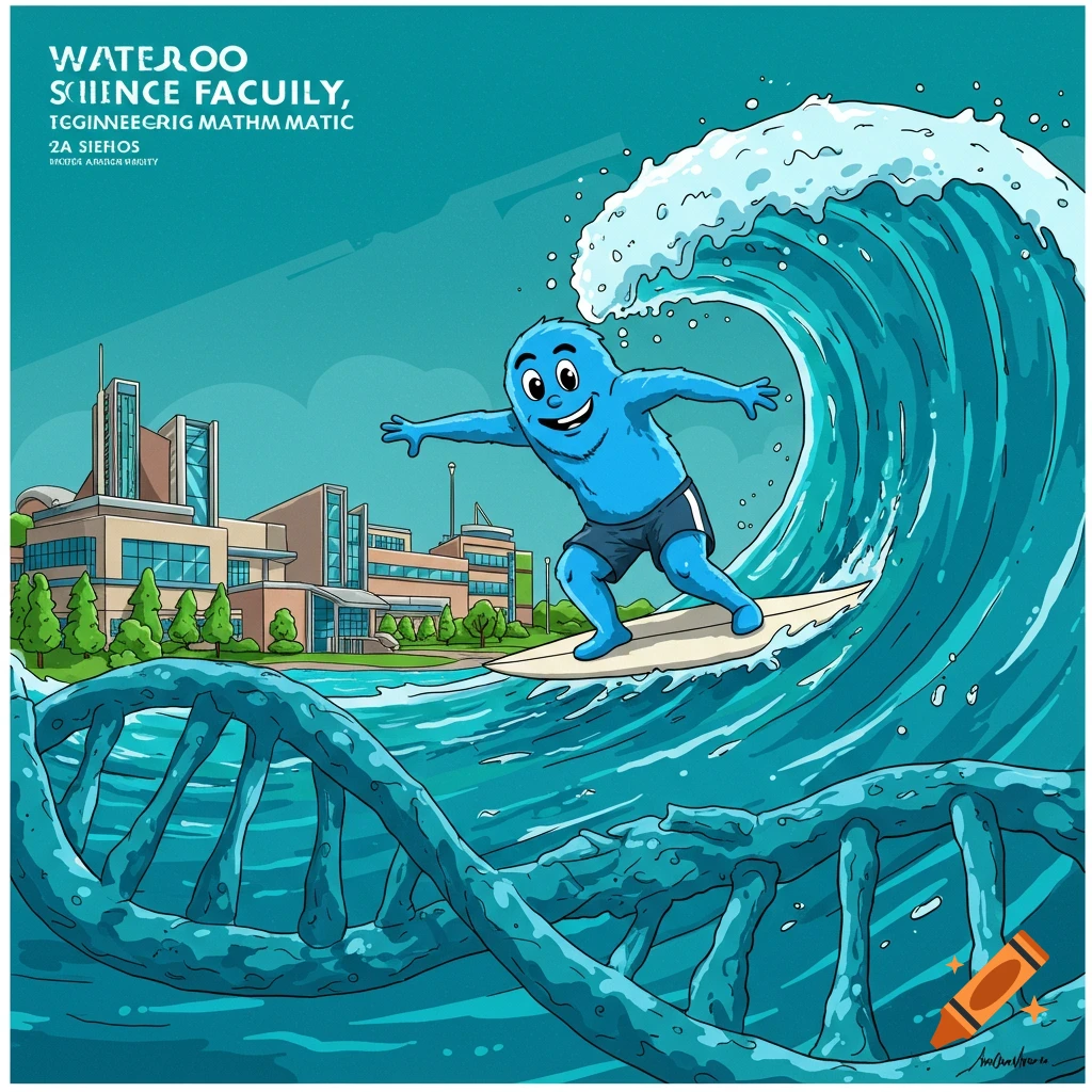 Cartoon blue character surfing a wave made of a DNA molecule in front of a science building.