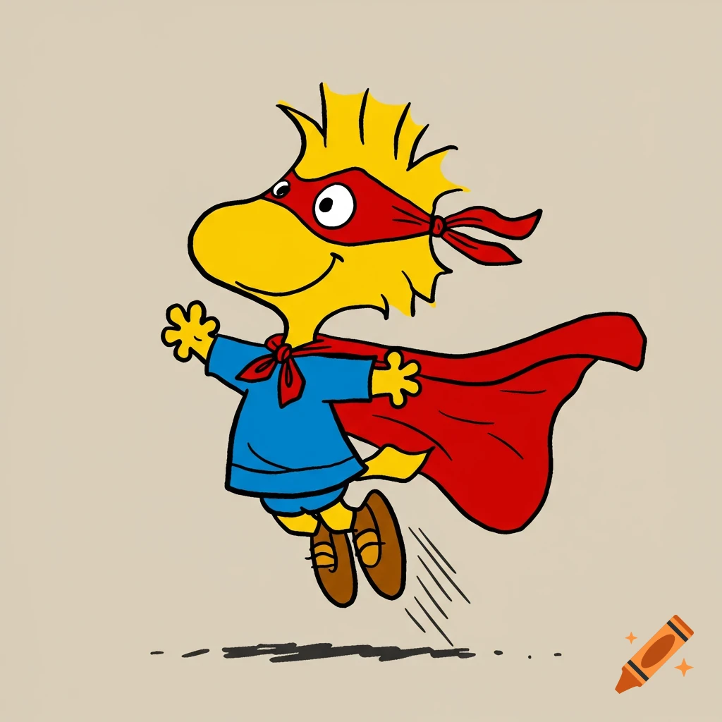 Cartoon illustration of Woodstock from Peanuts wearing a red superhero mask and cape, flying.