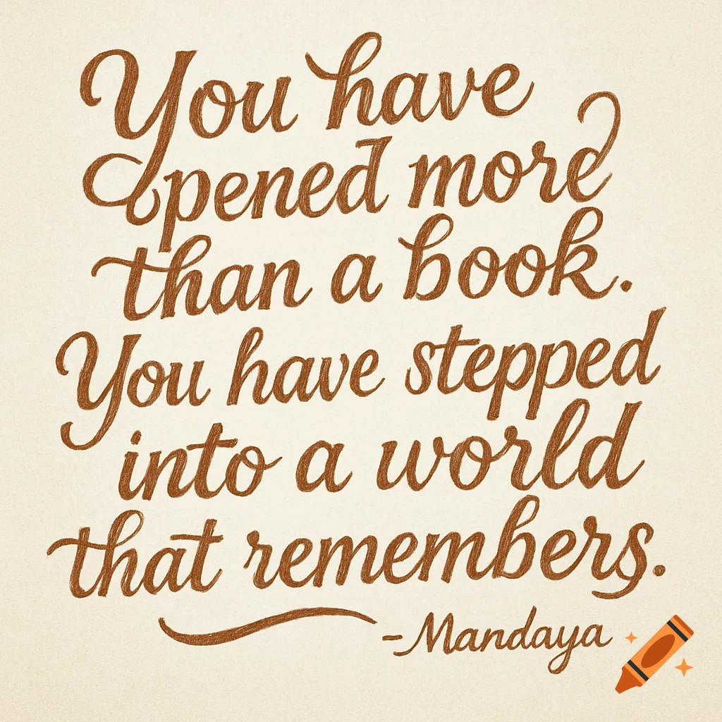 Brown handwritten quote about books and worlds on a light background.