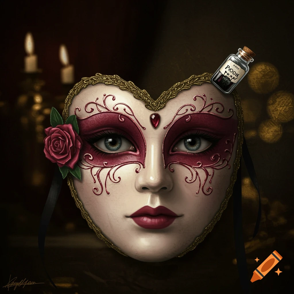 A heart-shaped masquerade mask with a rose and a small bottle, digital painting