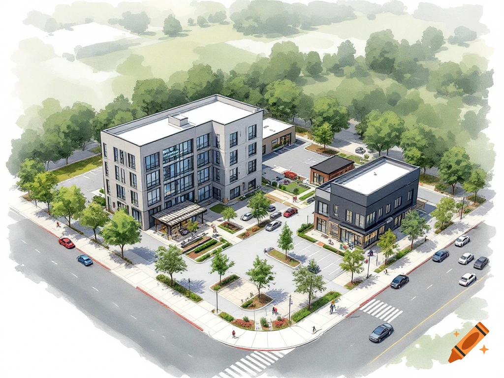 Watercolor architectural rendering of a mixed-use building, two ...