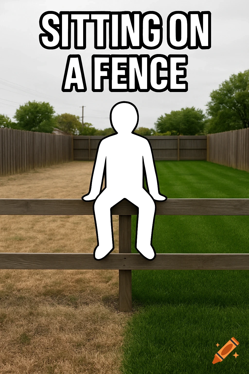 White stick figure on a fence between a dead brown lawn and green grass. Text reads SITTING ON A FENCE.