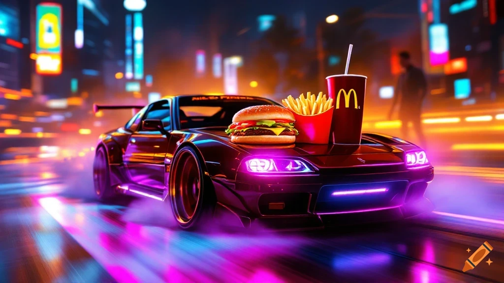 A sleek, neon-lit car with a burger, fries, and drink on the hood, in a motion-blurred cyberpunk street scene.