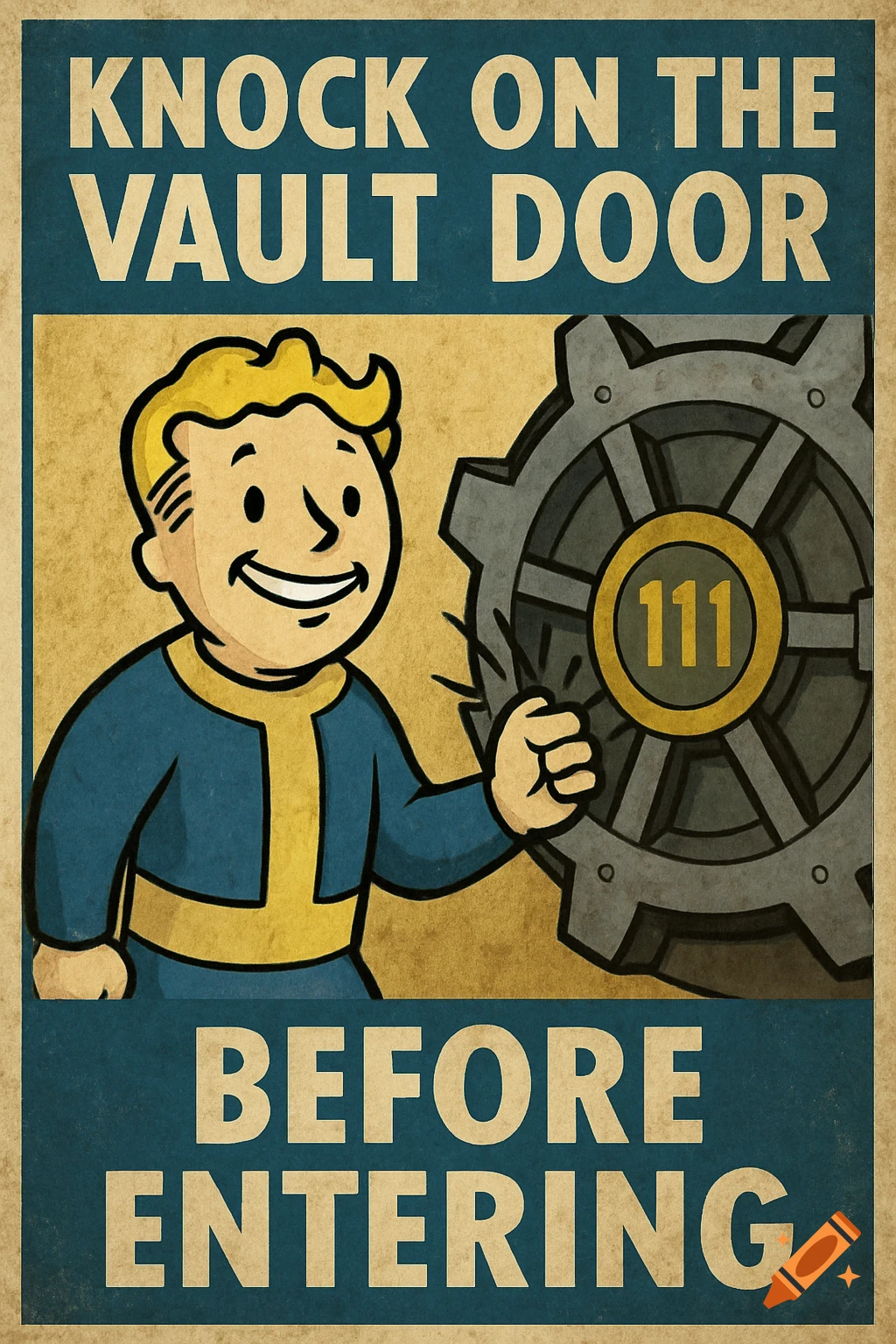 Fallout-style poster of Vault Boy knocking on a vault door with the text "KNOCK ON THE VAULT DOOR BEFORE ENTERING".
