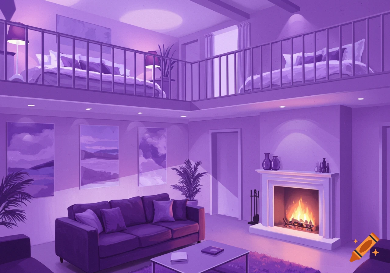 A stylized purple interior of a two-story room with loft beds, sofa, fireplace, and plants.
