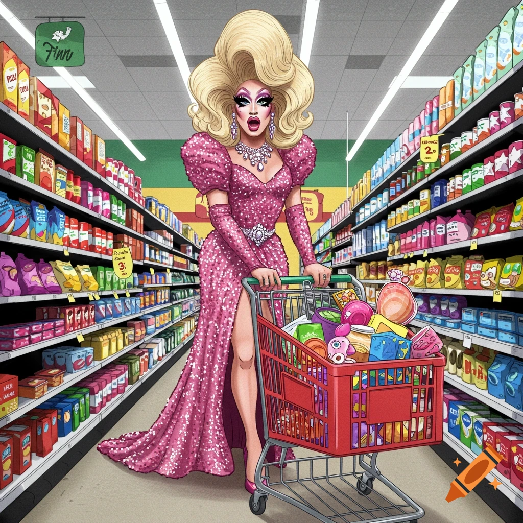 A drag queen in a sparkly pink dress pushes a full shopping cart down a grocery store aisle.