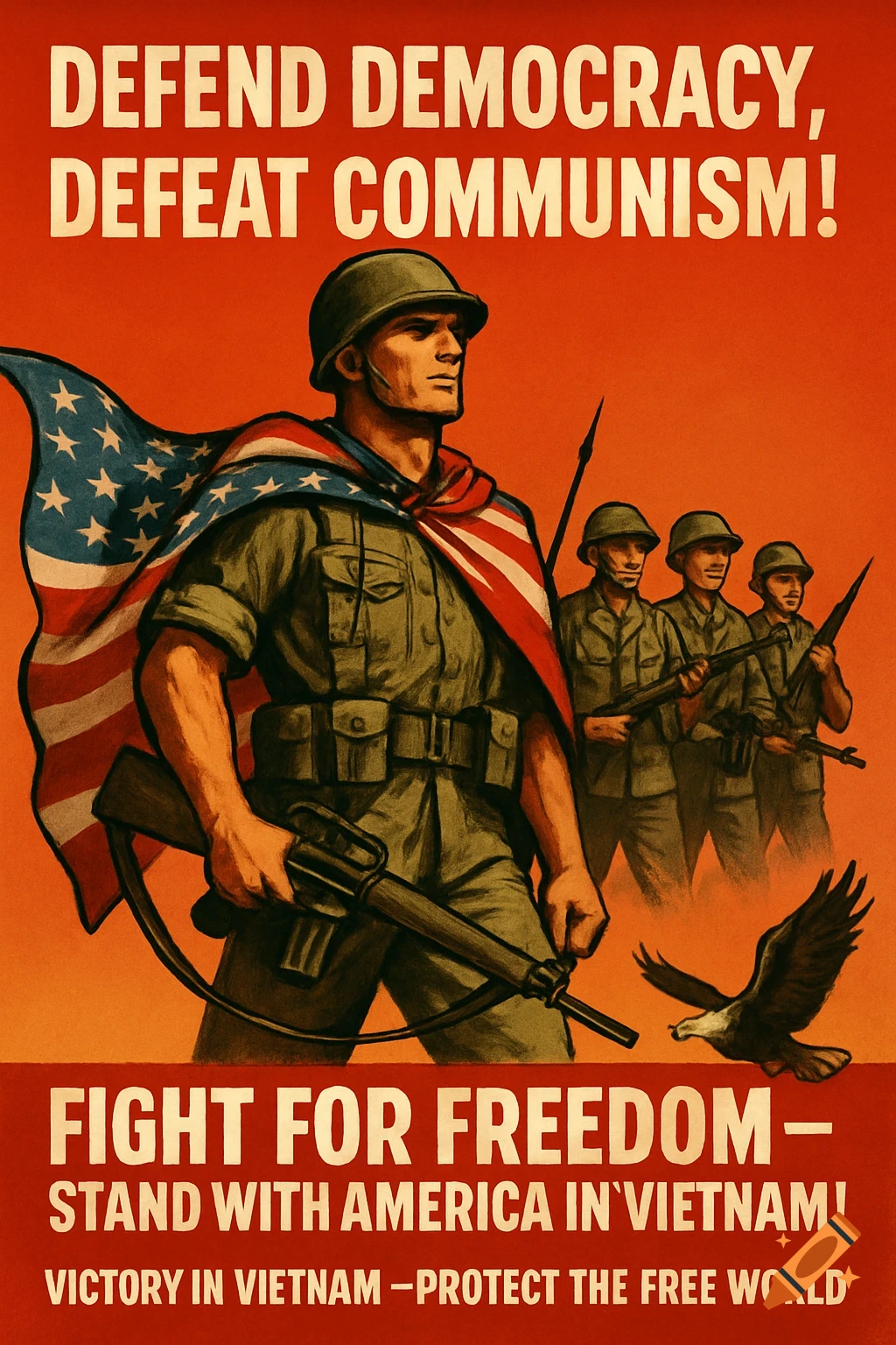 Propaganda poster with soldiers, US flag, eagle, and text 'Defend Democracy, Defeat Communism!'