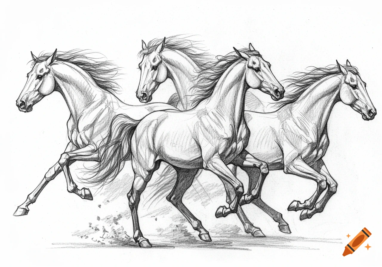 Pencil sketch of four horses running. on Craiyon, image size:1280x896