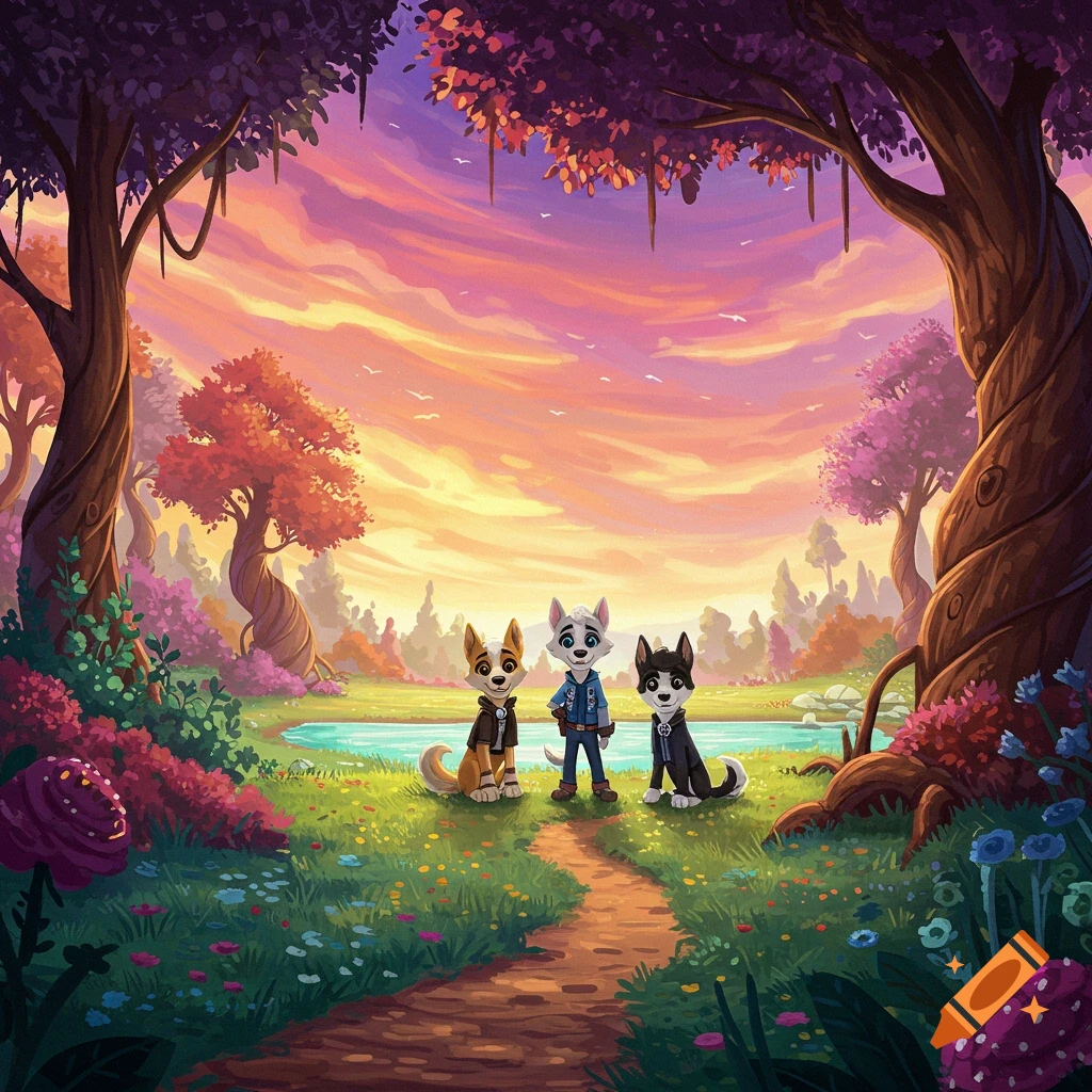 Three anthropomorphic dogs in a vibrant fantasy forest at sunset.