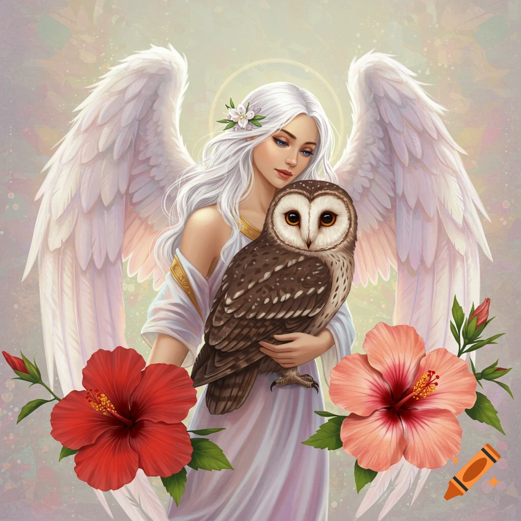 Fantasy illustration of an angel with long white hair holding an owl, framed by red and pink hibiscus flowers.