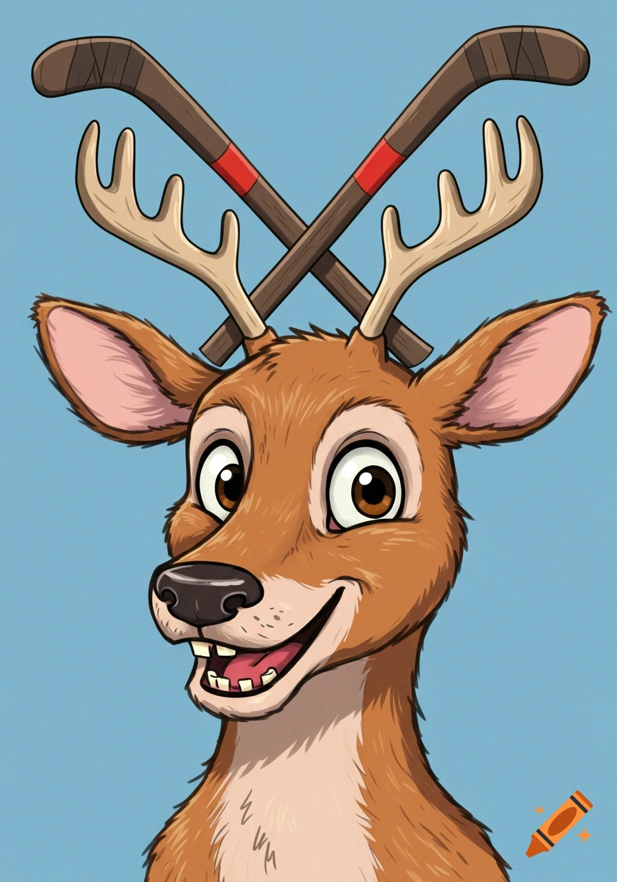 Cartoon deer with missing front tooth and crossed hockey sticks instead of antlers.