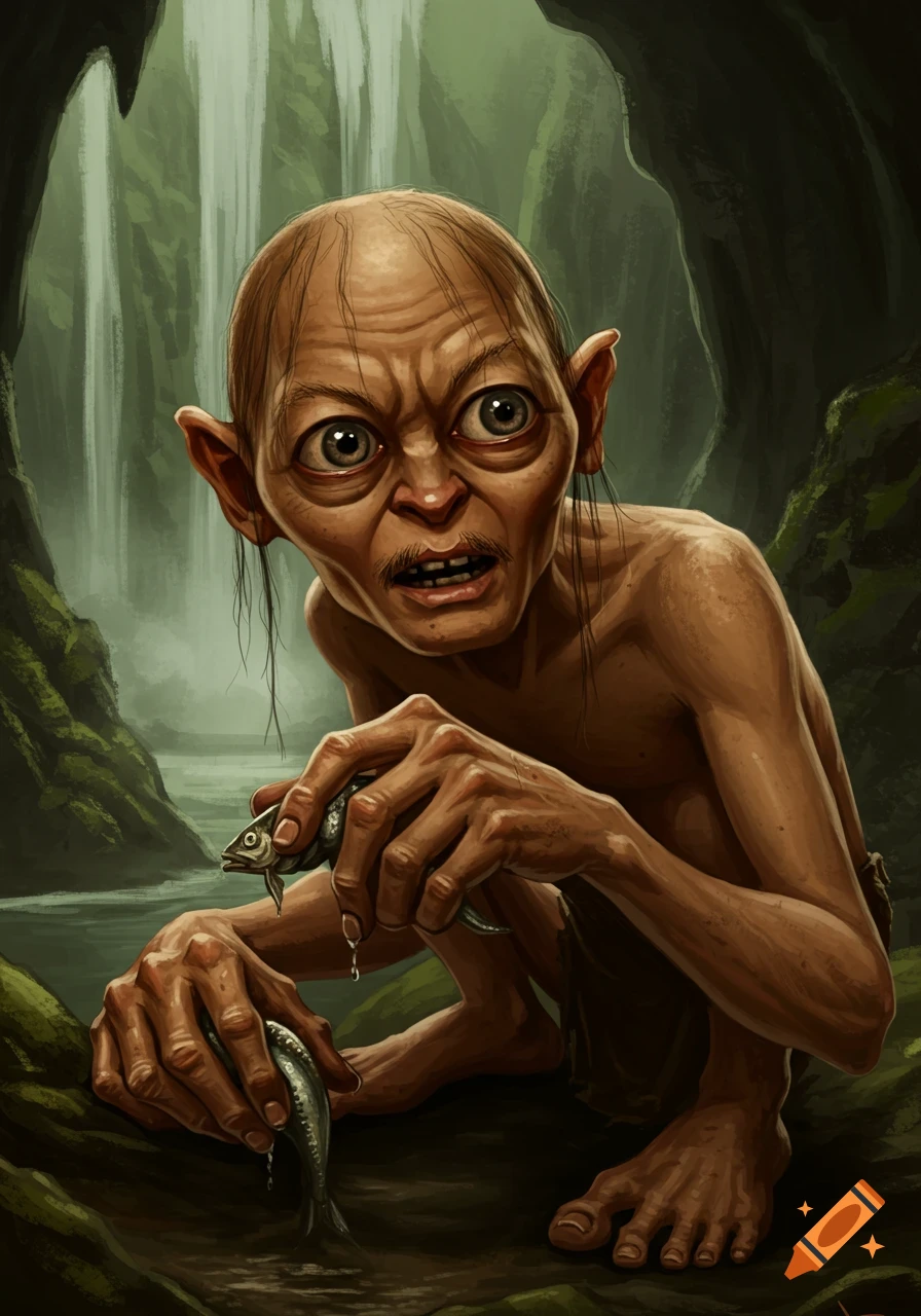 Digital painting of Gollum crouching in a cave, holding two fish.