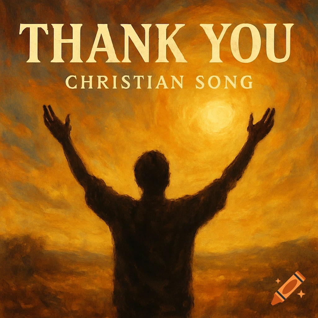 Silhouette of person with arms raised at sunrise or sunset, with text 'THANK YOU CHRISTIAN SONG' on a painterly background.