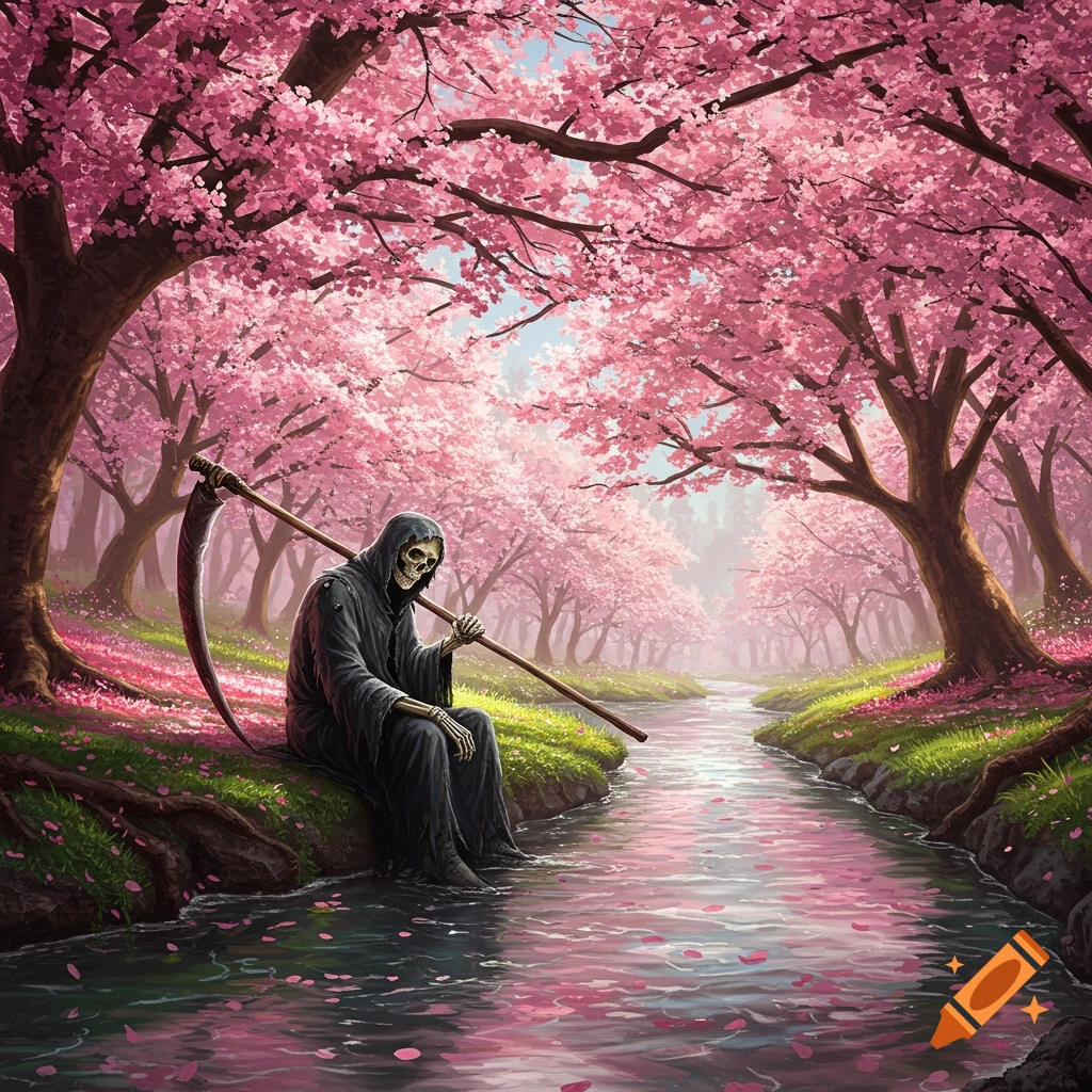 A Grim Reaper figure sits by a river in a pink cherry blossom forest.