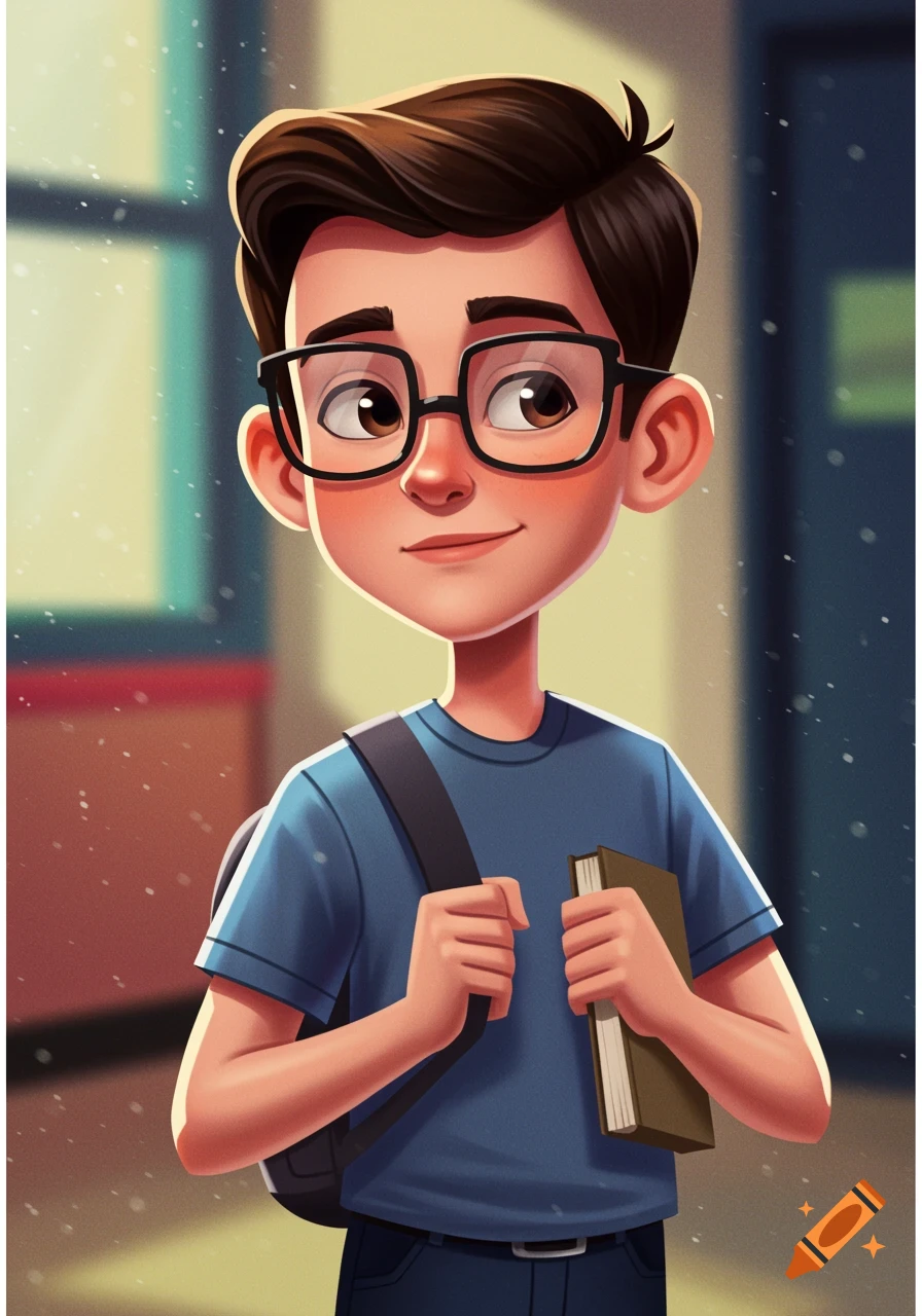 Cartoon illustration of a boy with glasses, backpack, and book, smiling.