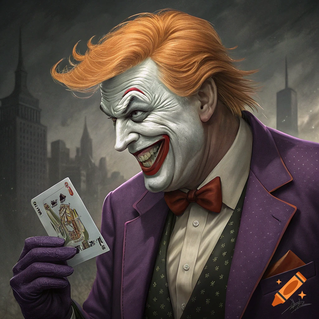 Realistic painting of Donald Trump as the Joker holding a playing card against a dark city background.