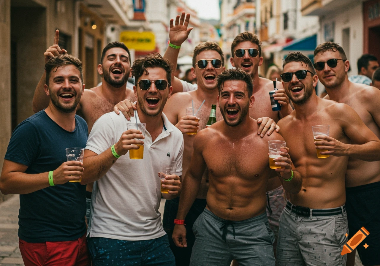 Group of men laughing and holding drinks in a crowded street.