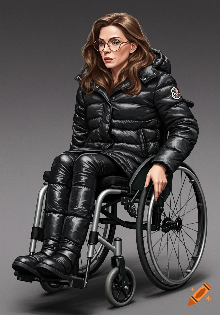 Illustration of a woman in a wheelchair wearing glasses, black puffer coat, shiny leggings, and boots.