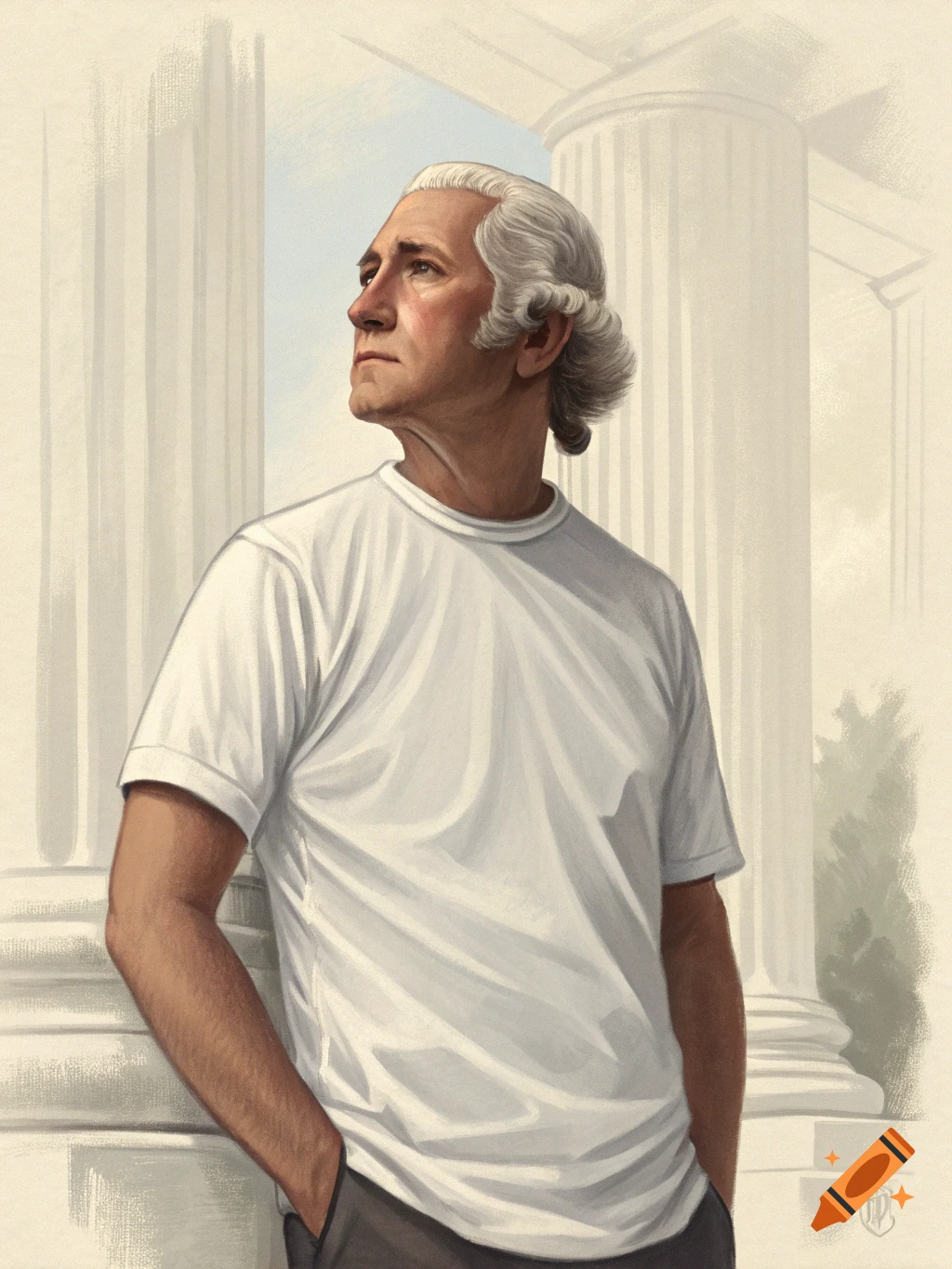 Illustration of George Washington wearing a white t-shirt and leaning against a classical column.