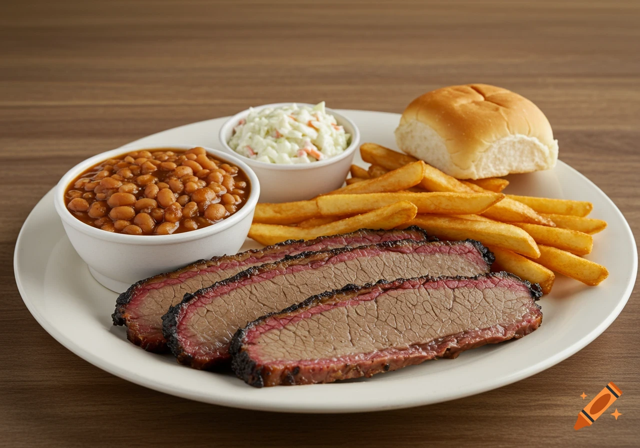 A plate of sliced beef brisket with baked beans, coleslaw, fries, and a bun.