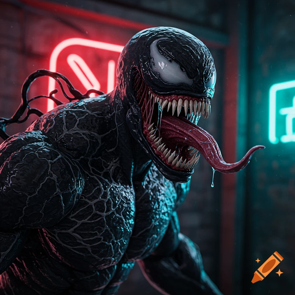 Close-up of Marvel character Venom with sharp teeth and long tongue, lit by red and blue neon lights.