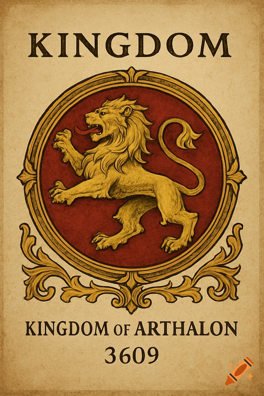 A gold lion emblem on a red circle shield with gold filigree. Text above reads "KINGDOM", and below reads "KINGDOM OF ARTHALON 3609".