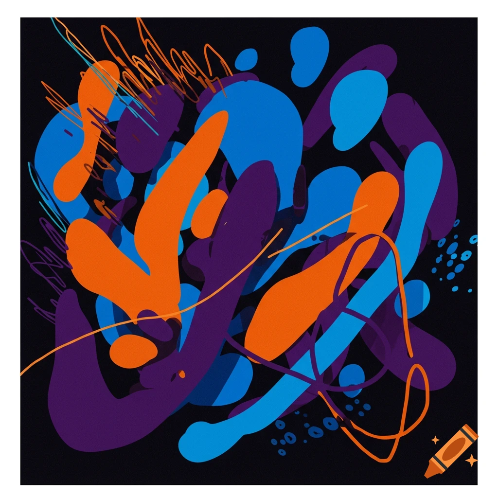 Abstract art with orange, purple, and blue shapes and lines on a black background.