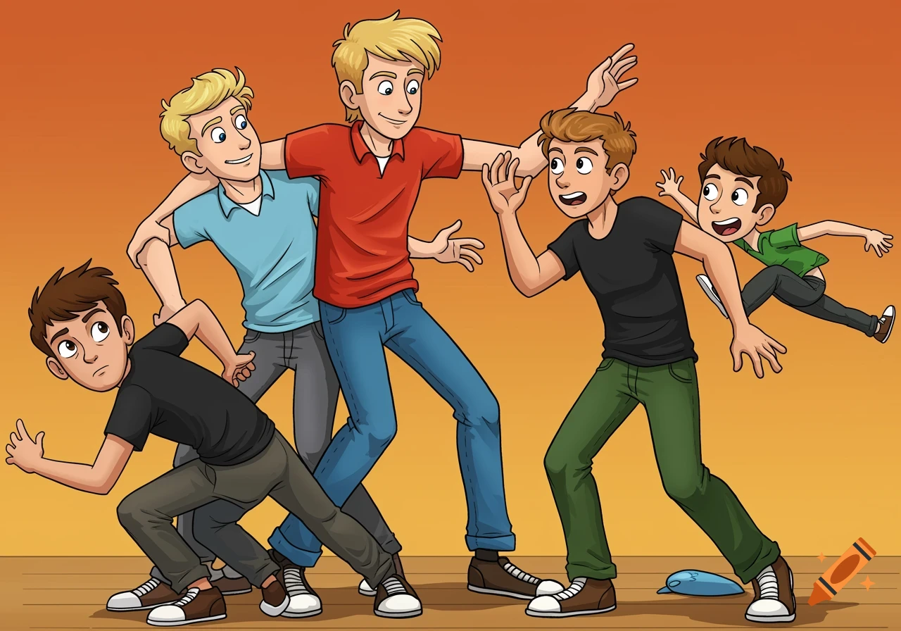 Cartoon illustration of five young men in dynamic poses.