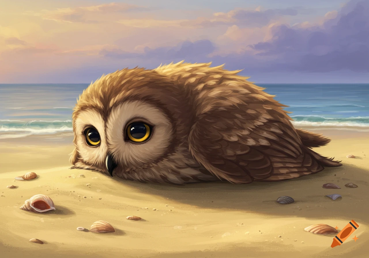 A fluffy tired owl lies on a sandy beach near the water, with seashells scattered around, digital painting.