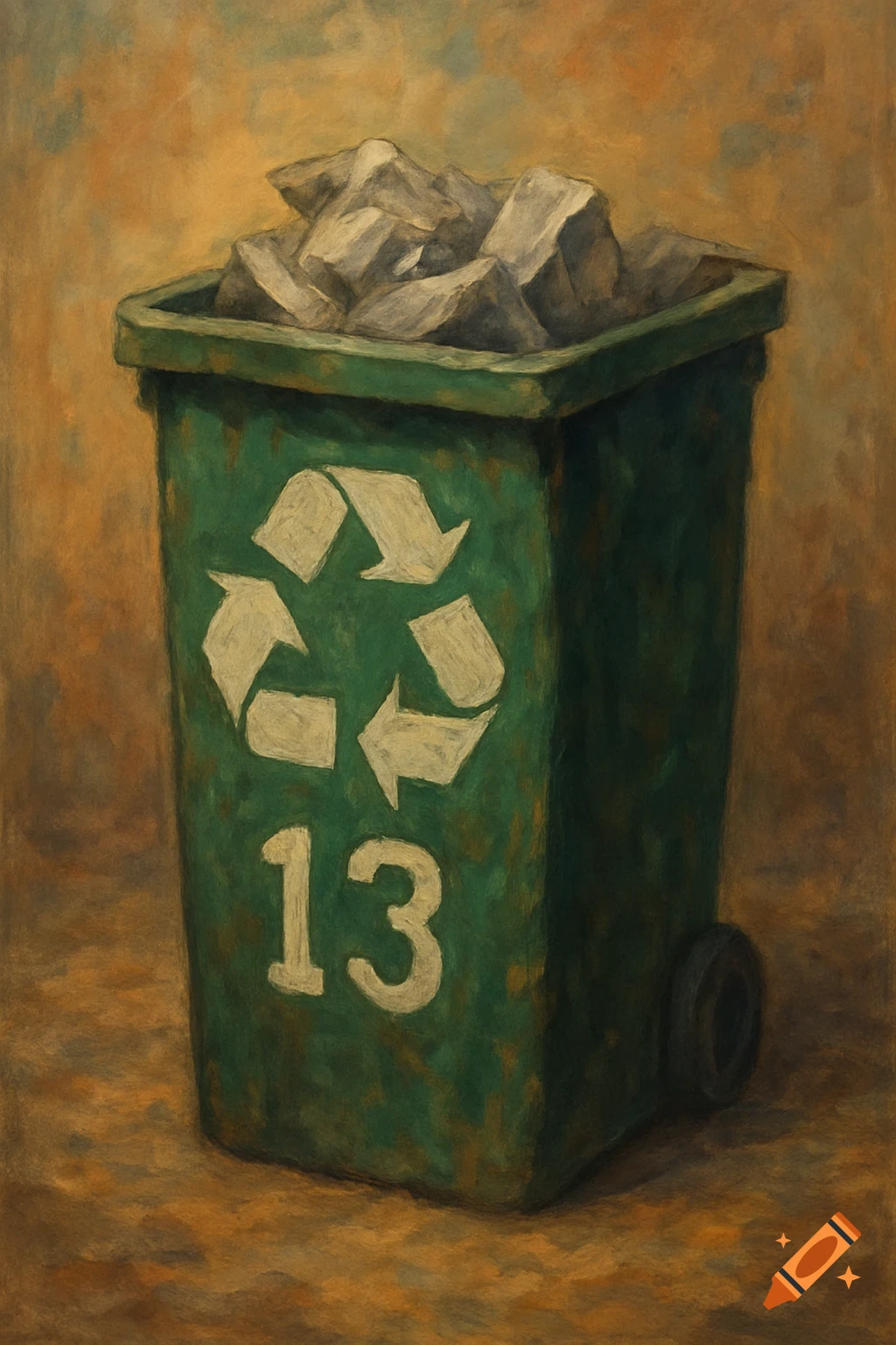 A green recycling bin filled with crumpled paper, featuring a recycling symbol and the number 13, in a painterly style.
