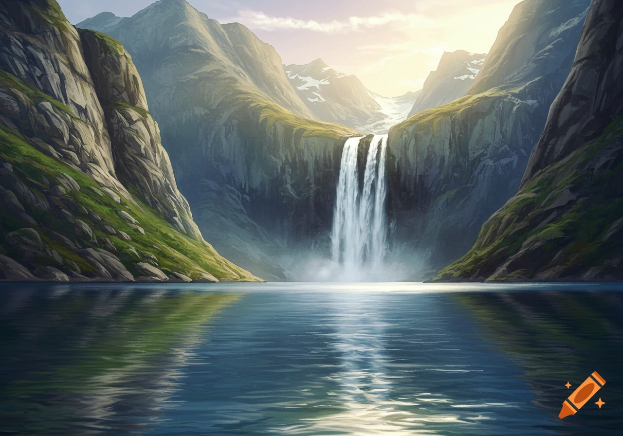 A waterfall cascades down between mountains into a lake at sunset.