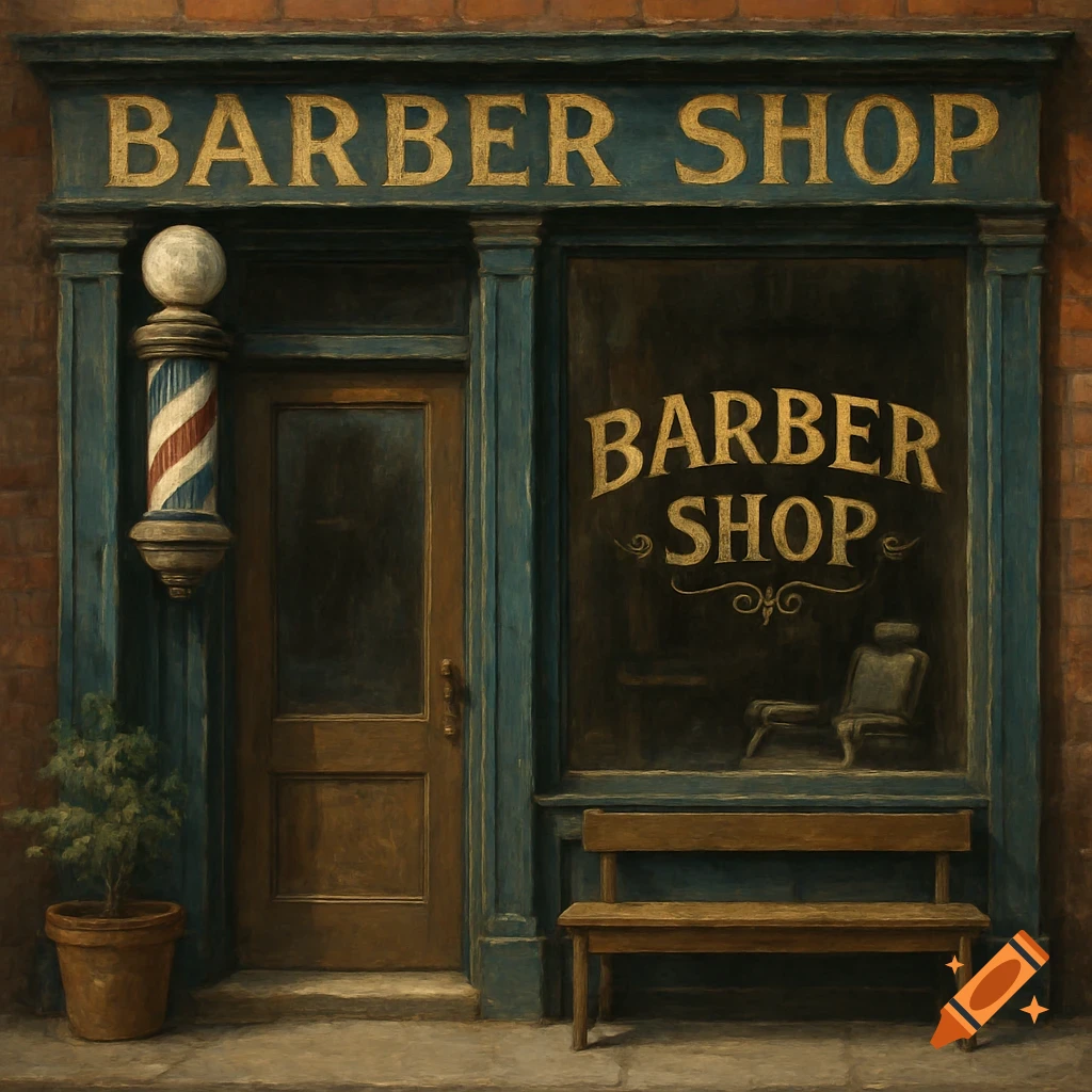 Facade of a barber shop with a barber pole and bench in a painterly style.