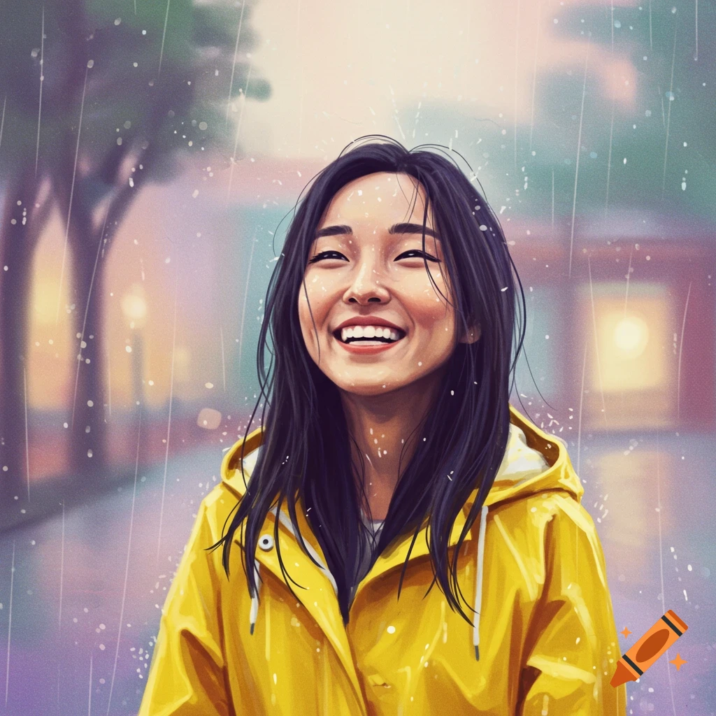 Happy woman in yellow raincoat smiles in the rain, digital illustration.