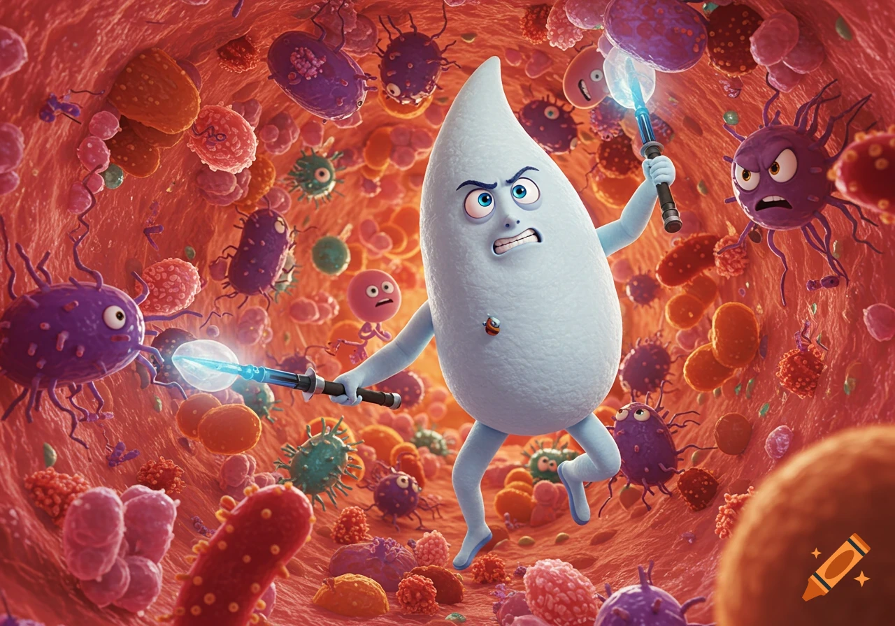 Cartoon teardrop character with lightsabers fighting microbes inside a red blood vessel. 3D animation style.